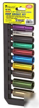 10 pc, 3/8'' drive deep wall color coded metric socket