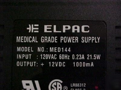Lot of 2 elpac MED144 medical grade power supply 12V dc