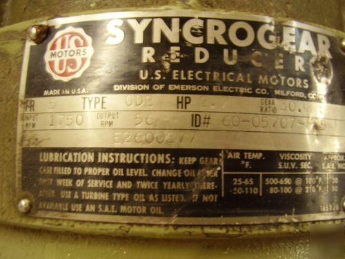 Syncrogear 30.8:1 @1750RPM, 3 ph,3/4 hp reducer w/motor