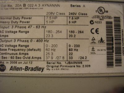 Allen bradley powerflex 70 drive 20AB022A3AYNANNN