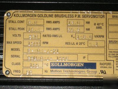 Kollmorgen goldline brushless p.m. servo motor B404A21