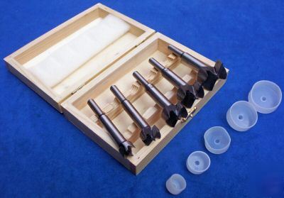 New 5 piece forstner drill bit in wooden case - brand 