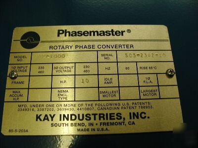 New phasemaster kay ind. 10HP static phase converter 