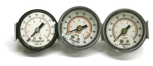Lot of 3 clippard 100PSI 7BAR pressure meter gauge