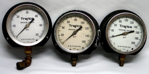 3 trerice pressure gauges psi 60, 160, 200