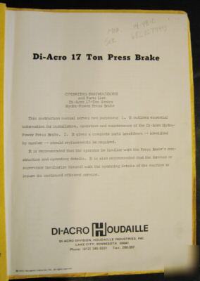 Di-acro 17 ton press brake operating manual & parts 