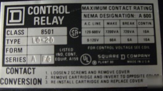Square d control relay class 8501 type L0-20 series a