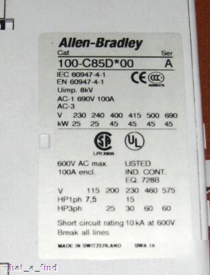 New allen bradley 100-C85DJ10 contactor 24 vdc 3 p 