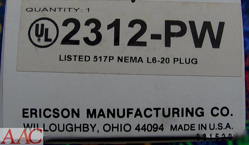 Ericson 20AMP safety perma-tite twist lock plug 2312-pw