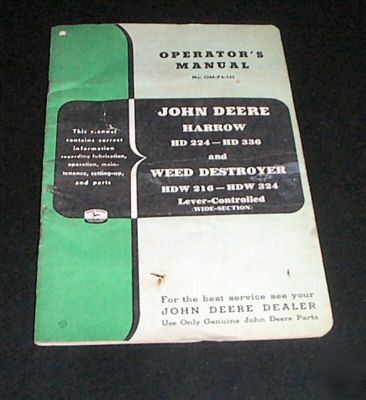 John deere operators manual disk harrow weed destroyer
