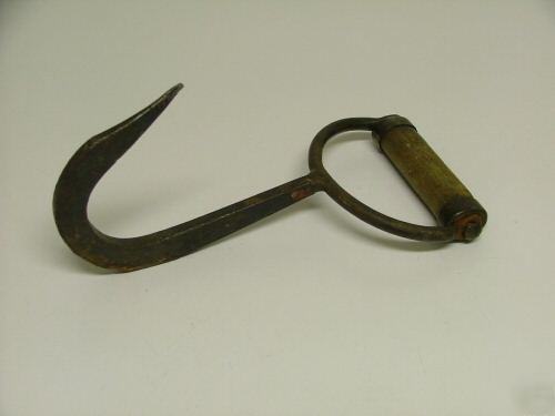 Antique forestry pulpwood hook iron wood wooden handle