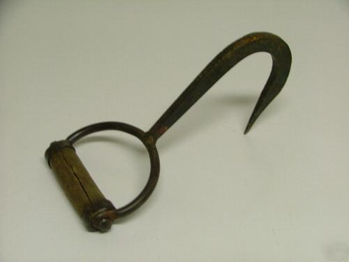 Antique forestry pulpwood hook iron wood wooden handle