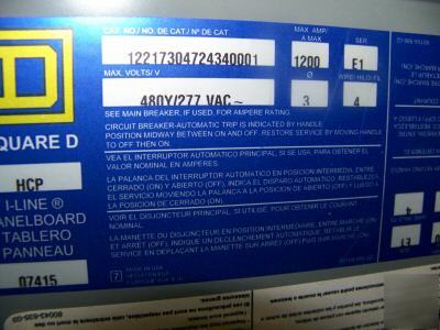 Square d 1200AMP mlo iline circuit breaker panelboard