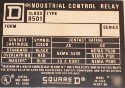 Square d type X0 40 relay class 8501 series a