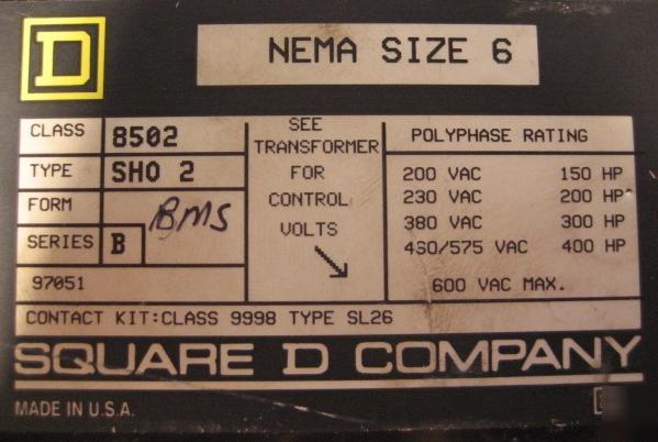 Square d 400HP nema size 6 8502 type sho 2